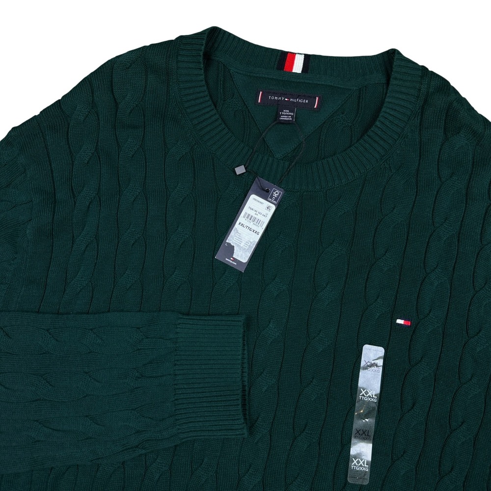 NEW Tommy Hilfiger Mens XXL Green Cable Knit Cotton Crewneck Sweater Preppy